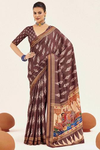 brown color cotton art silk fabric designer digital printed saree