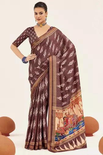 brown color cotton art silk fabric designer digital printed saree
