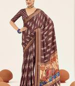 brown color cotton art silk fabric designer digital printed saree