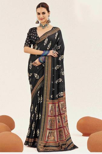 black color cotton art silk fabric designer digital printed saree