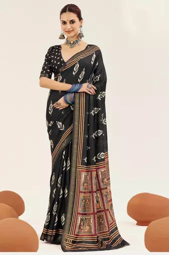 black color cotton art silk fabric designer digital printed saree