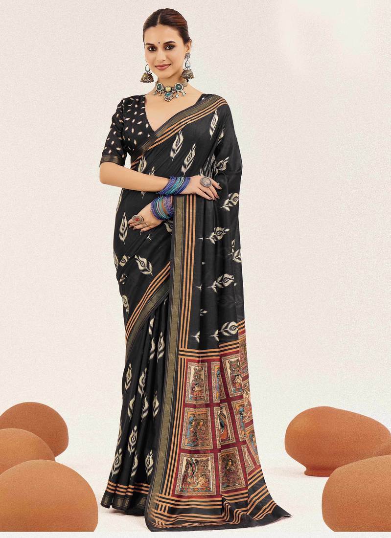 black color cotton art silk fabric designer digital printed saree