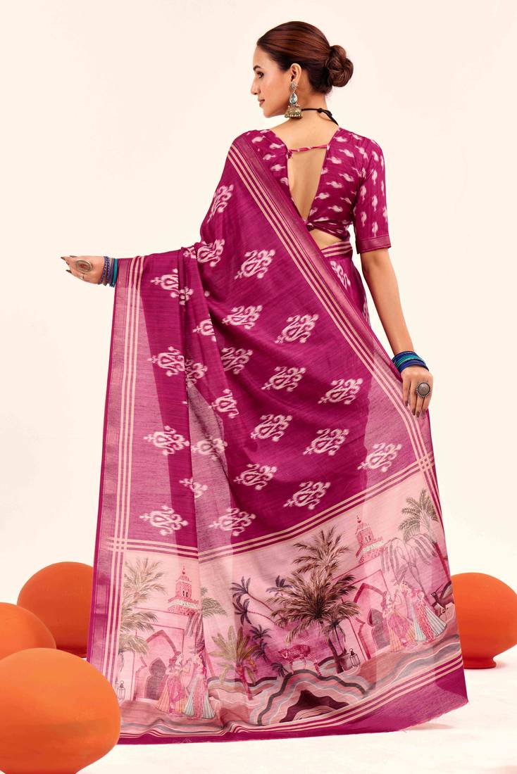 pink color cotton art silk fabric designer digital printed saree