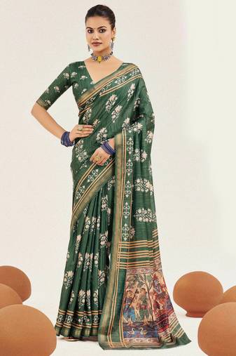 green color cotton art silk fabric designer digital printed saree