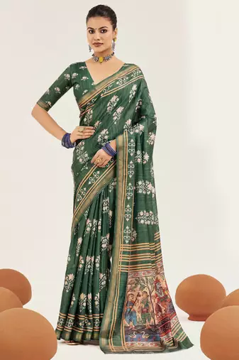green color cotton art silk fabric designer digital printed saree