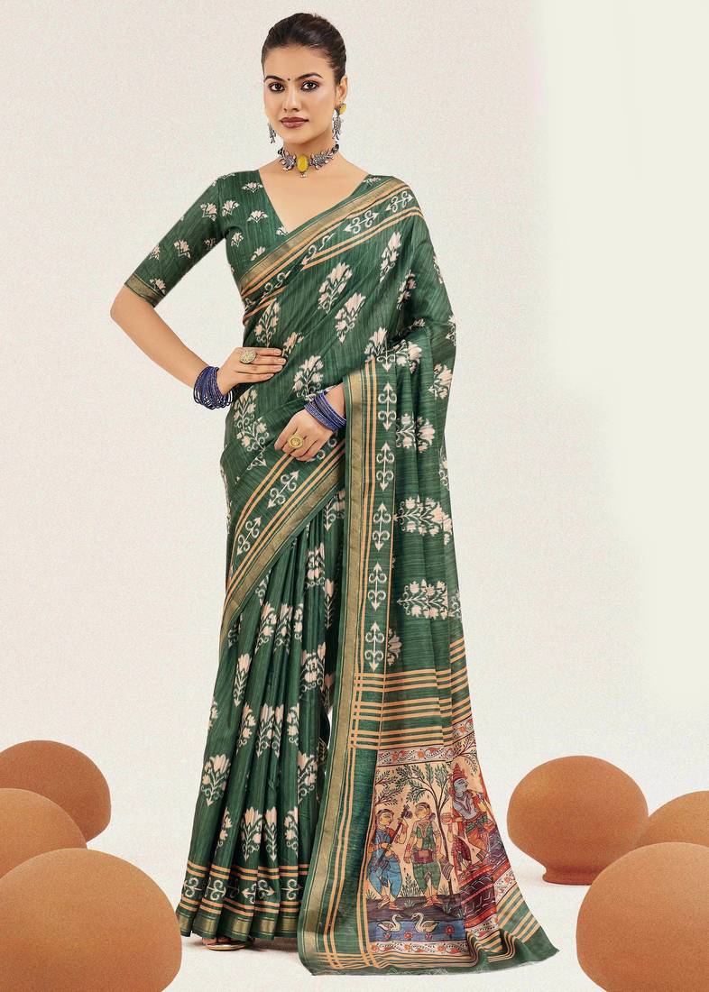 green color cotton art silk fabric designer digital printed saree