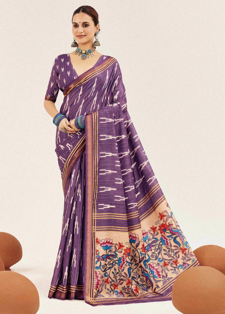 lavender color cotton art silk fabric designer digital printed saree