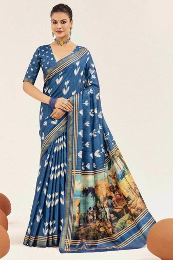 blue color cotton art silk fabric designer digital printed saree