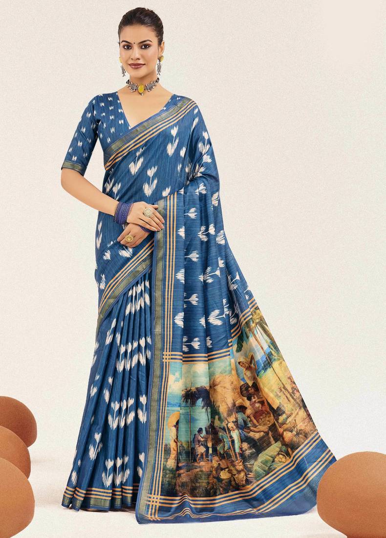blue color cotton art silk fabric designer digital printed saree