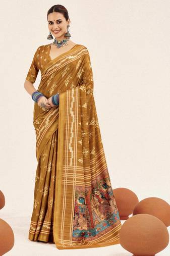 mustard color cotton art silk fabric designer digital printed saree