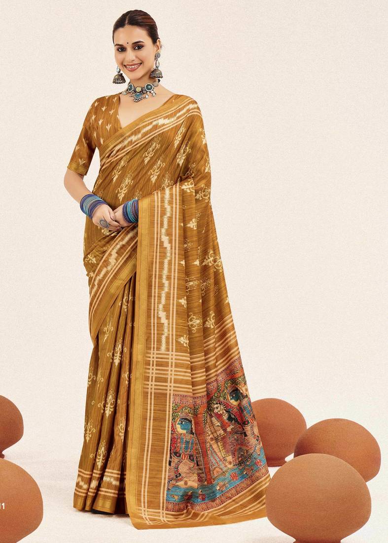mustard color cotton art silk fabric designer digital printed saree