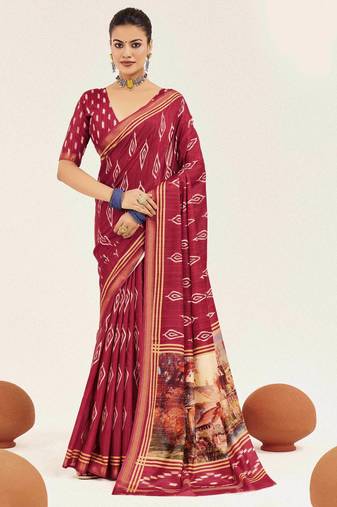 magenta color cotton art silk fabric designer digital printed saree