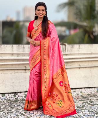 baby pink soft silk blend woven partywear saree 1