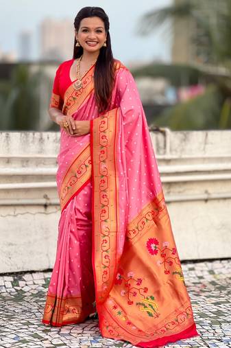 baby pink color beautiful soft silk blend woven designer partywear saree