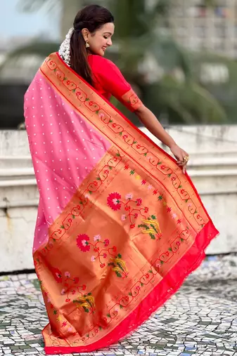 baby pink soft silk blend woven partywear saree