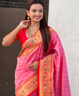 baby pink soft silk blend woven partywear saree 3