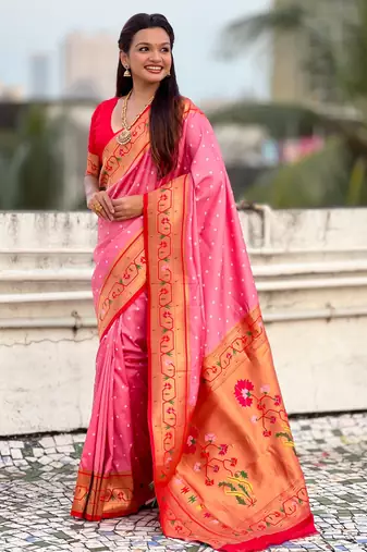 baby pink soft silk blend woven partywear saree