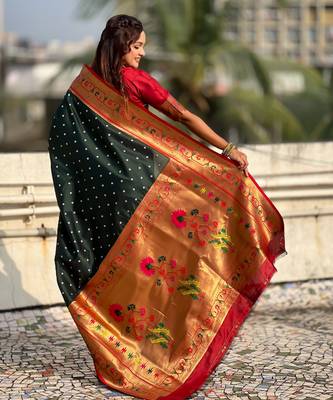 green soft silk blend woven partywear saree 2