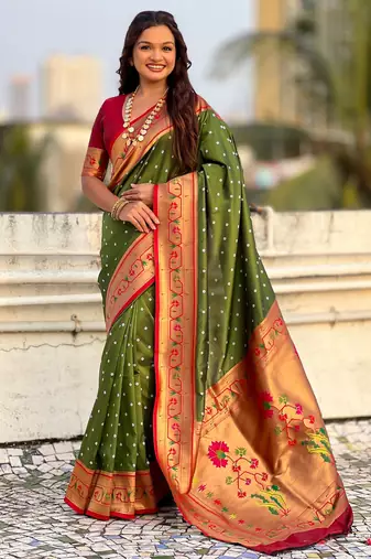 mahendi color beautiful soft silk blend woven designer partywear saree