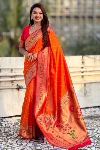 orange color beautiful soft silk blend woven designer partywear saree