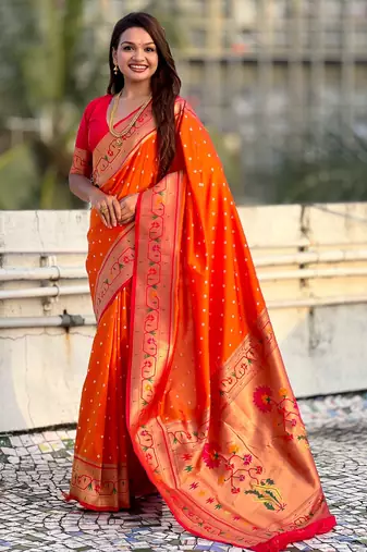 orange color beautiful soft silk blend woven designer partywear saree