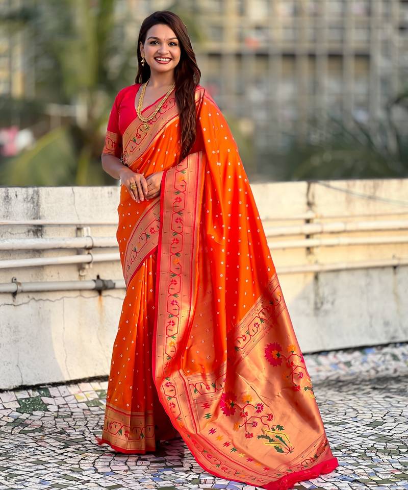 orange color beautiful soft silk blend woven designer partywear saree