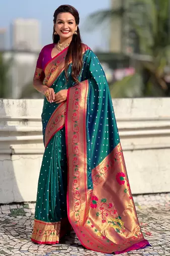 rama color beautiful soft silk blend woven designer partywear saree