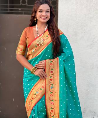 sea green soft silk blend woven partywear saree 3