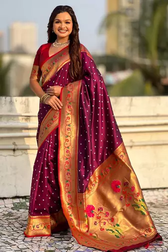 wine color beautiful soft silk blend woven designer partywear saree