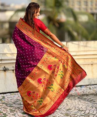 wine soft silk blend woven partywear saree 2