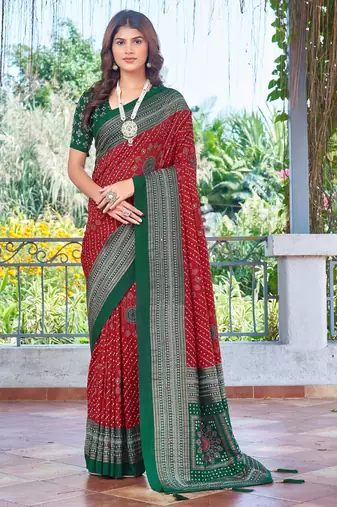red color velvet tussar silk blend fabric tradtional woven saree with bandhej print