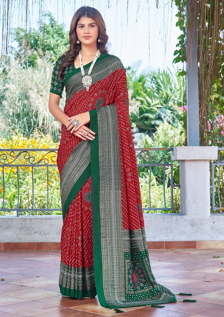 red color velvet tussar silk blend fabric tradtional woven saree with bandhej print
