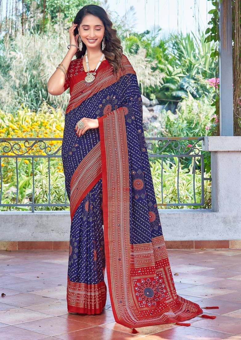 blue color velvet tussar silk blend fabric tradtional woven saree with bandhej print