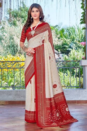 white color velvet tussar silk blend fabric tradtional woven saree with bandhej print