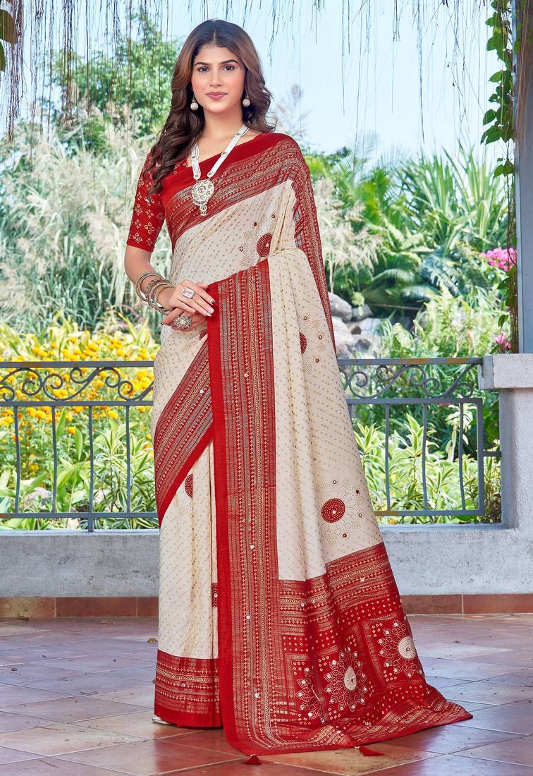 white color velvet tussar silk blend fabric tradtional woven saree with bandhej print