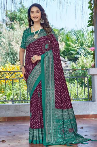 purple color velvet tussar silk blend fabric tradtional woven saree with bandhej print