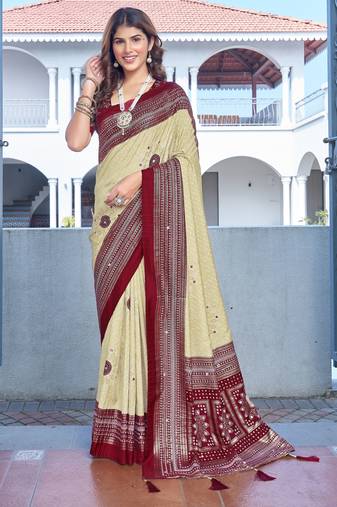beige color velvet tussar silk blend fabric tradtional woven saree with bandhej print