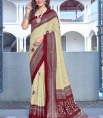 beige color velvet tussar silk blend fabric tradtional woven saree with bandhej print