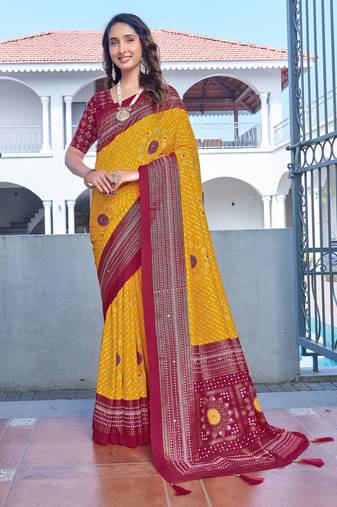 yellow color velvet tussar silk blend fabric tradtional woven saree with bandhej print