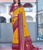 yellow color velvet tussar silk blend fabric tradtional woven saree with bandhej print