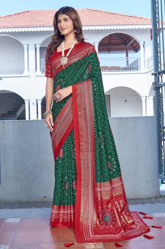 green color velvet tussar silk blend fabric tradtional woven saree with bandhej print