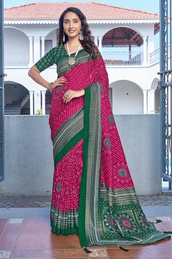 pink color velvet tussar silk blend fabric tradtional woven saree with bandhej print