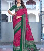 pink color velvet tussar silk blend fabric tradtional woven saree with bandhej print