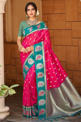 dark pink color ethnic woven designer partywear saree