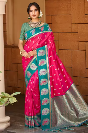 dark pink color ethnic woven designer partywear saree