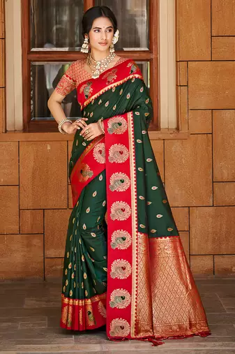 dark green color ethnic woven designer partywear saree