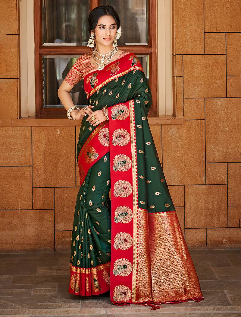 dark green color ethnic woven designer partywear saree