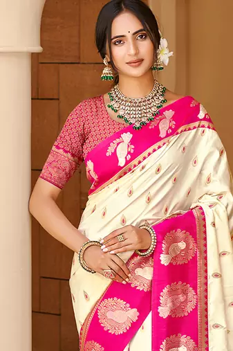 beige ethnic woven partywear saree