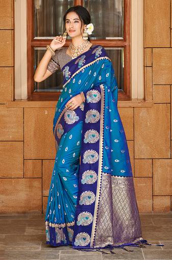 blue color ethnic woven designer partywear saree