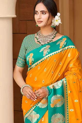 yellow ethnic woven partywear saree